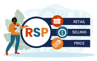 RSP - retail selling price. acronym business concept. vector illustration concept with keywords and icons. lettering illustration with icons for web banner, flyer, landing page, presentation