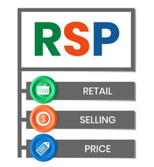 RSP - retail selling price. acronym business concept. vector illustration concept with keywords and icons. lettering illustration with icons for web banner, flyer, landing page, presentation