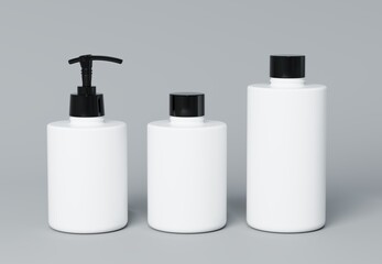 Three different white cosmetic product bottles set template on gray background 3D render