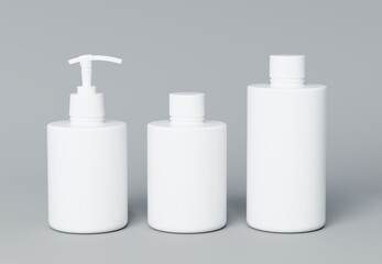 Three different white cosmetic product bottles set template on gray background 3D render