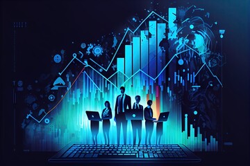 Concept of business growth and financial investment, executives use laptop computers to analyze sales data and economic growth graphs, business planning and strategy