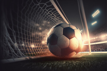 Naklejka premium Soccer ball flew into the goal in stadium lights