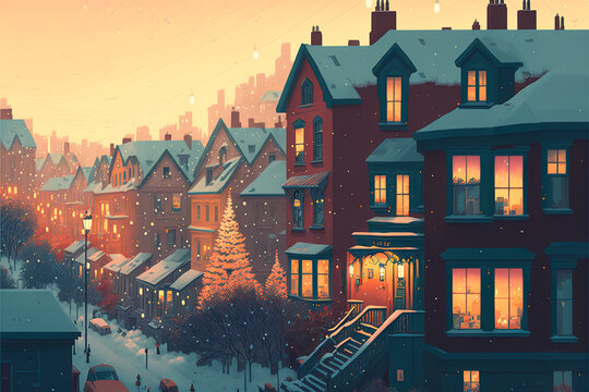 Christmas town with snow and warm light decoration in winter season. Houses and buildings street. Winter landscape wallpaper. Christmas Holiday illustration. 