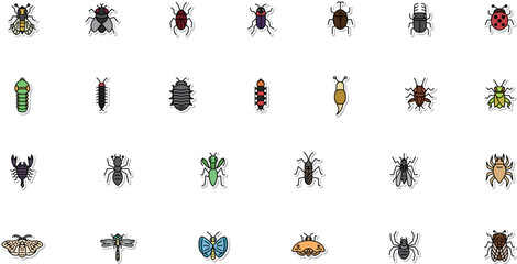 ミニ昆虫カラーステッカーイラストアイコンセット(背景なし)