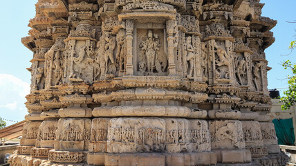 The Carvings of Hindi God and Goddess on the Rukhmini Temple, Dwarka, Gujarat, India.