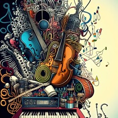 Music tools Cartoon cute doodles Music pattern. Colorful detailed, with lots of objects background. 