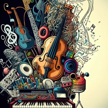 Music tools Cartoon cute doodles Music pattern. Colorful detailed, with lots of objects background. 