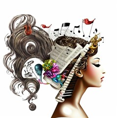 Girl face with music tool collage hairs.  Passion for music concept. 