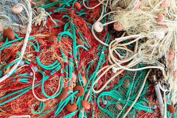 Colorful fishing nets abstract close up, coastal pattern and background