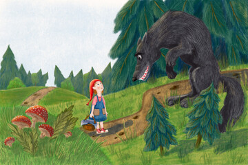 Illustration for the fairy tale Little Red Riding Hood. Digital illustration, stylization of traditional materials. Meeting of a wolf and a girl. 