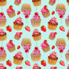 A pattern of cupcakes and strawberries on a blue background. Watercolor illustration. Pie. A delightful pattern.