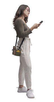 Young woman chatting with her smartphone PNG file no background