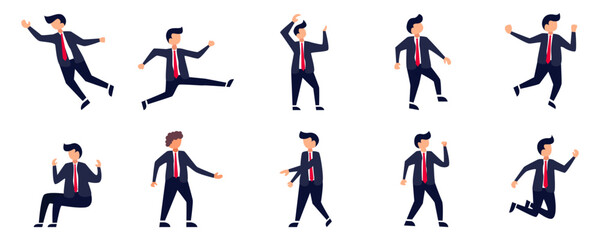 Fototapeta na wymiar Set of Businessman or office vector characters in various poses. Cartoon young employee businessman character working
