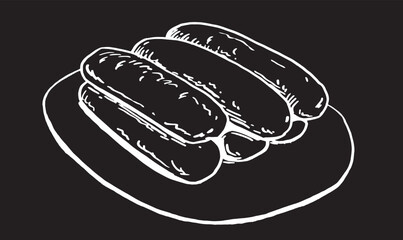 Vector long buns on the plate isolated on black background, bakery design element,graphical illustration