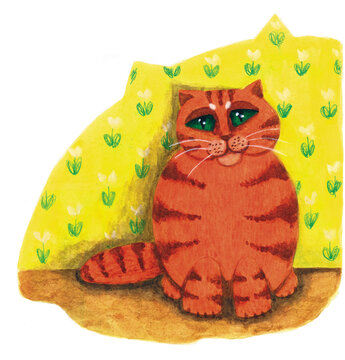 Big sunny red cat in vintage style. Watercolor illustration. Children's pictures for the book. Watercolor and colored pencils. Simple characters for children. Cat on a yellow background.