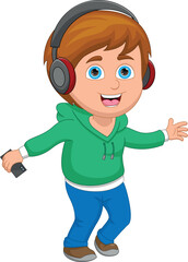 little boy listening to music with headphones