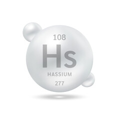 Hassium molecule models silver and chemical formulas scientific element. Natural gas. Ecology and biochemistry concept. Isolated spheres on white background. 3D Vector Illustration.