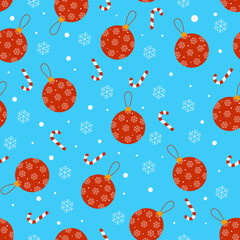 Red christmas toys with lollipops and snowflakes seamless pattern