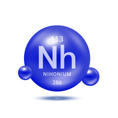 Nihonium molecule models blue and chemical formulas scientific element. Ecology and biochemistry concept. Isolated spheres on white background. 3D Vector Illustration.