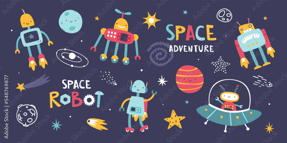 Poster set of cute robots in the space. cosmic collection with funny robot astronauts. sticker bundle for k