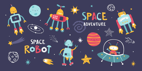 Set of cute robots in the space. Cosmic collection with funny robot astronauts. Sticker bundle for kids.