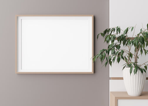 Blank horizontal picture frame hanging on beige wall. Template, mock up for your artwork, picture or poster. Empty, copy space. Close up view. Simple, minimalist mockup. 3D rendering.