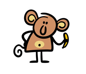 Funny monkey hand drawn in childish style holds banana.