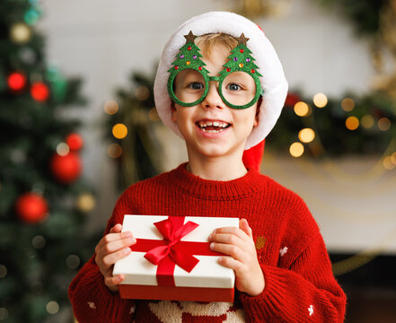 Smiling little boy wearing funny glasses in form of Christmas trees  holding Xmas gift at home