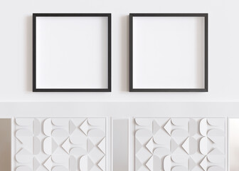 Two blank square picture frames hanging on white wall. Template, mock up for artwork, picture or poster. Empty, copy space. Close up view. Simple, minimalist mockup. 3D rendering.