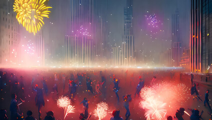 crowd of people dancing at silvester / new years eve in the city with fireworks in the background - poster - painting - party - disco
