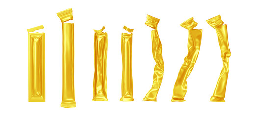 Gold open sugar sticks, mockup used torn and crumpled sachets for coffee, salt or candy wrapper, isolated pouches product packaging. Realistic set of blank golden foil packs 3d render