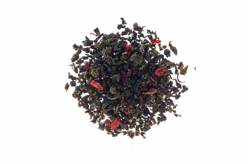 Top view of organic herbal tea with fruits and flowers