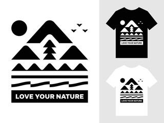 Love your nature crew group camper badge emblem. Geometric mountains lover retro vintage aesthetic illustration. Outdoorsy quotes for matching family friends trip adventure buddies logo shirt design