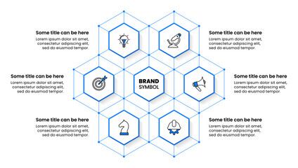 Infographic template. Blue hexagon with 6 steps and lines - obrazy, fototapety, plakaty