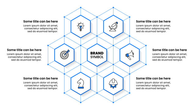Infographic template. Blue hexagon with 6 steps and lines