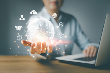 Woman Hand holding virtual Globe. Internet connection, metaverse. Business global application technology and digital marketing, Financial and banking, Digital link tech, big data.