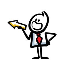 Doodle man in office suit holds an arrow sign and points to the left.