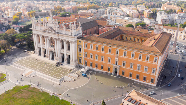 Aerial view of the Basilica of Saint John Lateran, also referred to as the Cathedral of Rome. It is the oldest basilica in western Europe and the most important of the major papal basilicas.