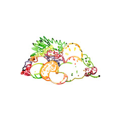 Sketches of colorful fruit drawings for dining room decoration and coloring contests