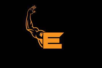 Letter E Logo With muscular open  Back Double Biceps shape. Fitness Gym logo.