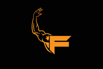 Letter F Logo With muscular open  Back Double Biceps shape. Fitness Gym logo.