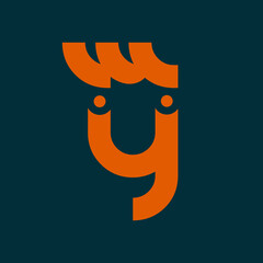 Letter y logo.Funny cartoon character mascot alphabet initial.Lettering sign isolated on dark fund.Decorative, playful icon for brand identity.Orange color lowercase bold font monogram.