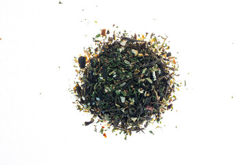 tea leaves, herbs, top view, isolated white