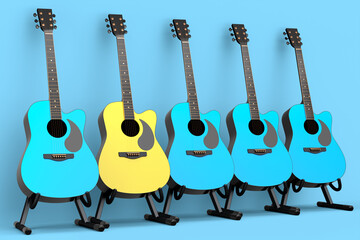 Fototapeta premium Set of acoustic guitar isolated on blue background.