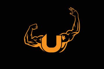 Letter U Logo With muscular open  Back Double Biceps shape. Fitness Gym logo.