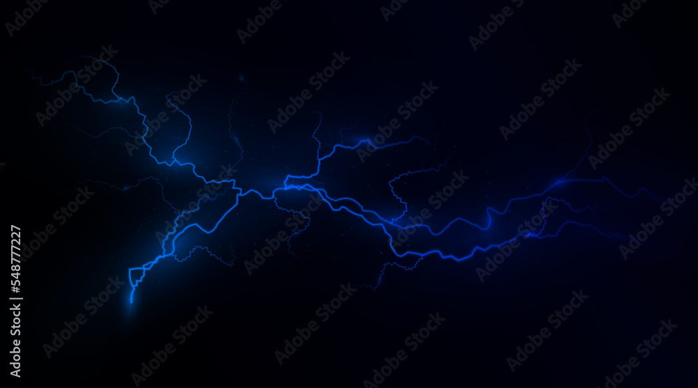 Poster Light blue isolated vector lightning png. Magic light abstract lines. Realistic natural lightning neon effects, black transparent background.	