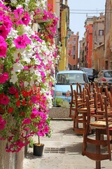 Fototapeta na wymiar pink and white surfins, a wall of falling flowers, restaurant tables with chairs leaning on the counter, a narrow street with cars and restaurants