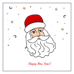 Santa Claus head. Hand-drawn colorful doodle. Christmas sticker. New year decoration.