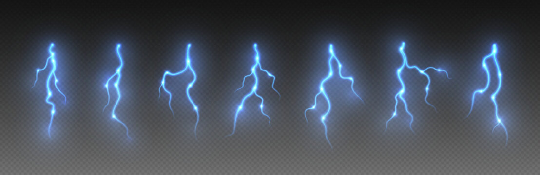 Thunderstorm lightning, thunderbolt strike, realistic electric zipper, energy flash light effect, blue lightning bolt isolated on dark background. Vector illustration.