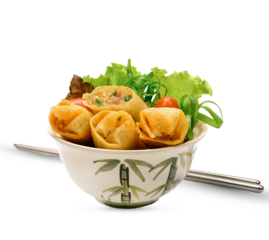 Fried Chinese Traditional Spring rolls food in ceramic bowl  on transparent.